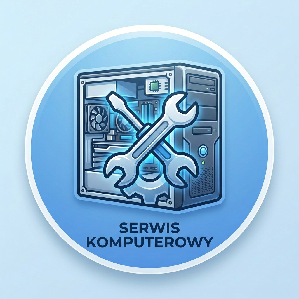 Computer tower with crossed wrench and screwdriver and text 'Serwis Komputerowy'