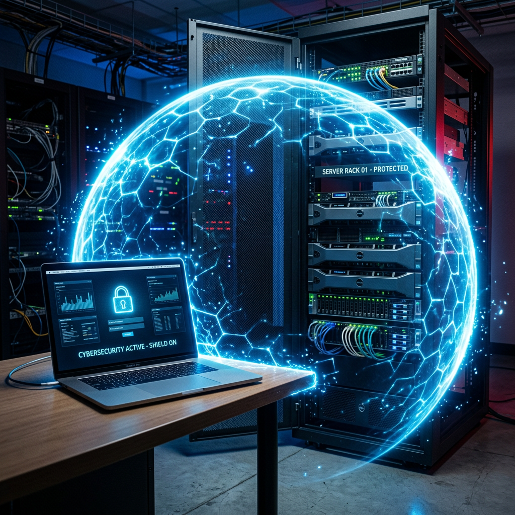 Glowing shield around laptop and server